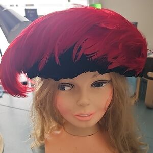 Red and Black Feathered Hat. Vintage. With Netting.